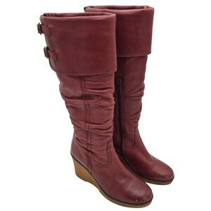 Bronx Burgundy Leather Slouchy Wedge Boots  Cuff Buckle Detail  Size 6.5